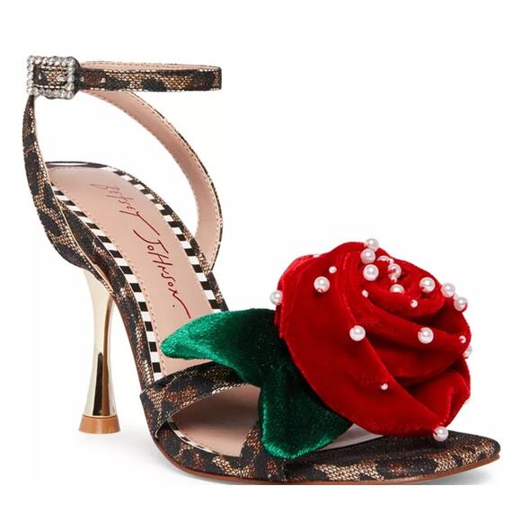 NIB Betsey Johnson Women's Carlos Rose Flower Boho Dress Sandals 6 Leopard Red - Picture 1 of 7